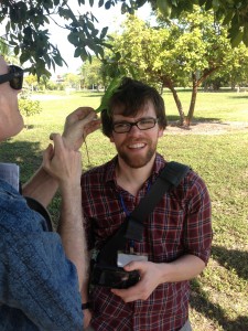 The obligatory 'animal on head' photo, with Adam Algar and Jonathan Losos. Photo by JStroud
